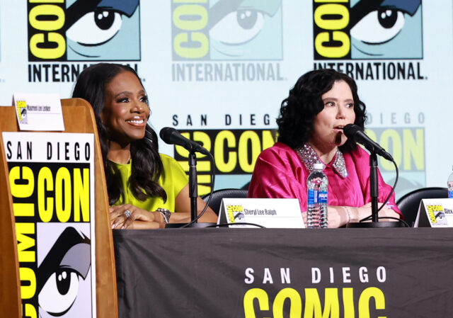 Sheryl Lee Ralph and Alex Borstein sitting at a table during a panel at San Diego Comic-Con 2024