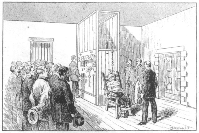 Illustration of a man being executed via electric chair.