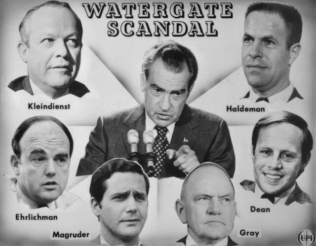 Poster of President Nixon and the other parties involved in the Watergate Scandal.