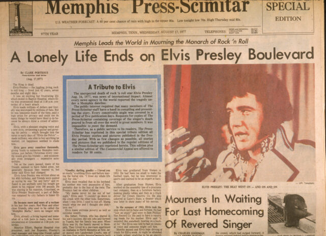 Newspaper declaring the death of Elvis Presley.