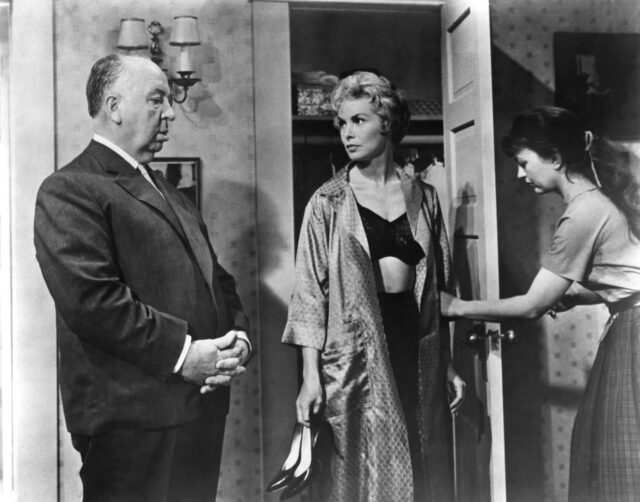 Alfred Hitchcock and Janet Leigh on set of 'Psycho.'