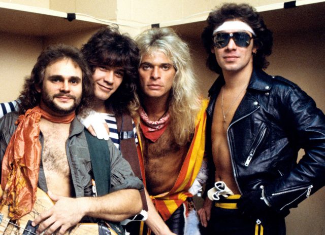 UNITED STATES - JANUARY 01:  Photo of VAN HALEN and Michael ANTHONY and Eddie VAN HALEN and David Lee ROTH and Alex VAN HALEN; Posed group portrait backstage L-R Michael Anthony, Eddie Van Halen, David Lee Roth and Alex Van Halen  (Photo by Richard E. Aaron/Redferns)