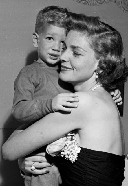 Lauren Bacall hugging Stephen Bogart