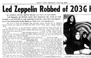 Newspaper headline about the Led Zeppelin robbery.