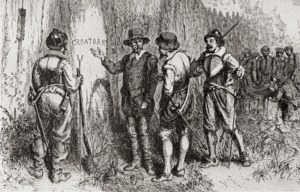 John White discovering "CROATOAN" carved into a tree.