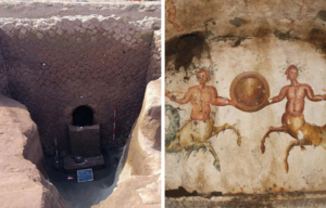 Exterior of the Tomb of Cerberus + Fresco featuring four mythical characters