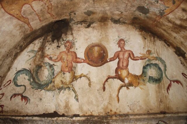 Fresco featuring four mythical characters