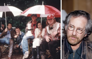 Behind-the-scenes shot of 'Twister' + Steven Spielberg looking to the side