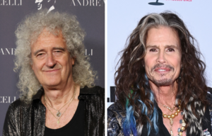 Brian May standing on a red carpet + Steven Tyler standing on a red carpet