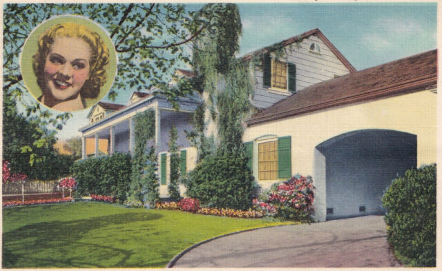 Postcard featuring an illustration of Alice Faye's house, with a portrait of her in the top left corner