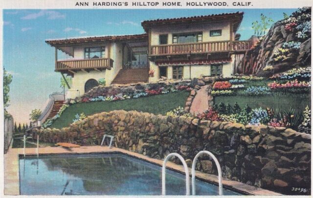 Postcard featuring an illustration of Ann Harding's mansion