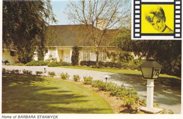 Postcard featuring a photograph of Barbara Stanwyck's house, with a portrait of her in the top right corner