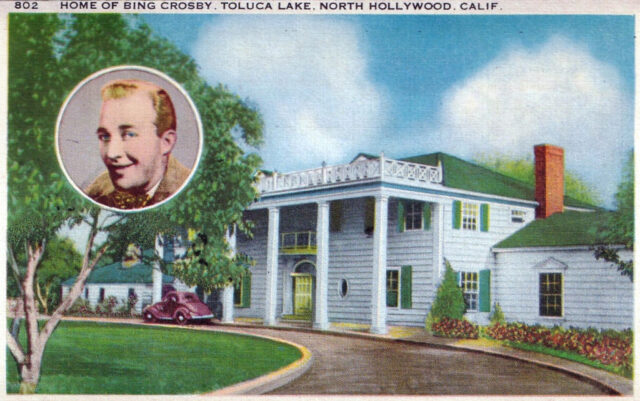 Postcard featuring an illustration of Bing Crosby's mansion, with a portrait of him in the top right corner