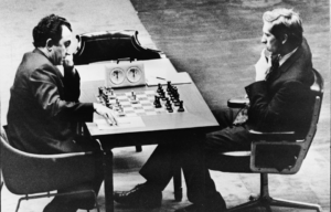 Bobby Fisher and Boris Spassky playing chess.