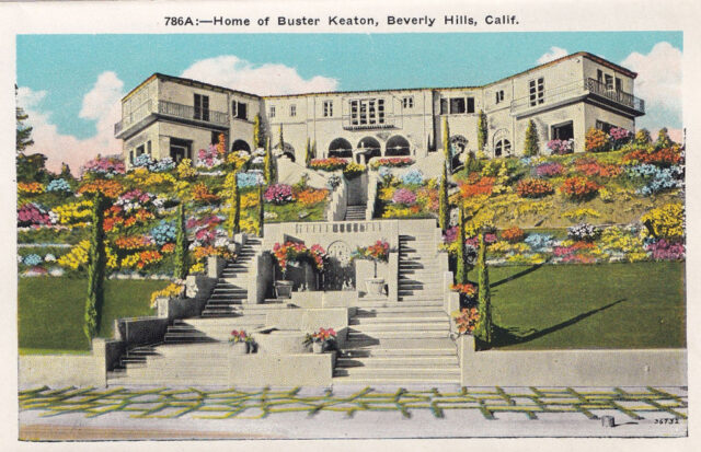 Postcard featuring an illustration of Buster Keaton's mansion