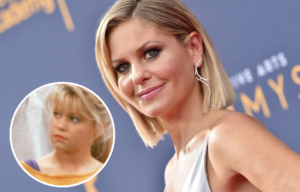 Candace Cameron Bure standing on a red carpet + Candace Cameron Bure as TJ Tanner in 'Full House'