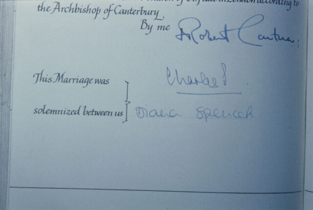 Close-up of the marriage register, with signatures from Prince Charles, Princess Diana and Robert Runcie