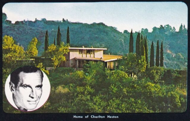 Postcard featuring an illustration of Charleton Heston's home, with a portrait of him in the bottom left corner