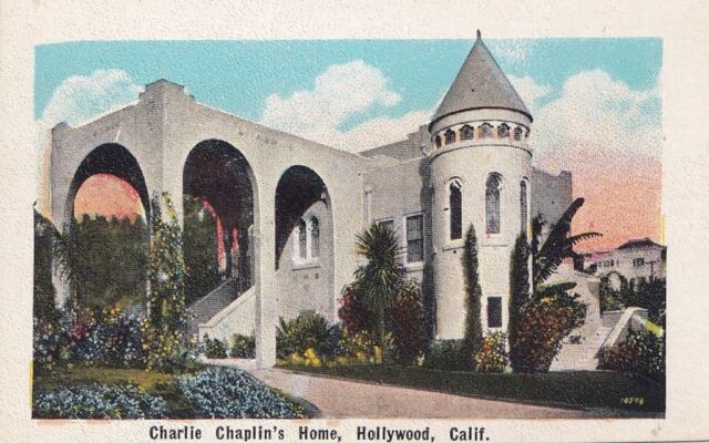 Postcard featuring an illustration of Charlie Chaplin's mansion