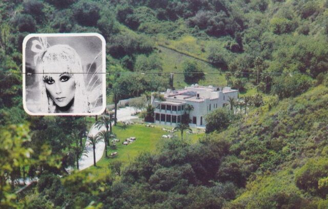 Postcard featuring a photograph of Cher's mansion, with a portrait of her in the top left corner