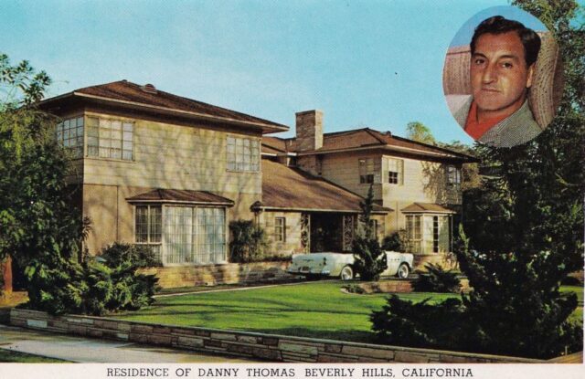 Postcard featuring an illustration of Danny Thomas' mansion, with a portrait of him in the top right corner