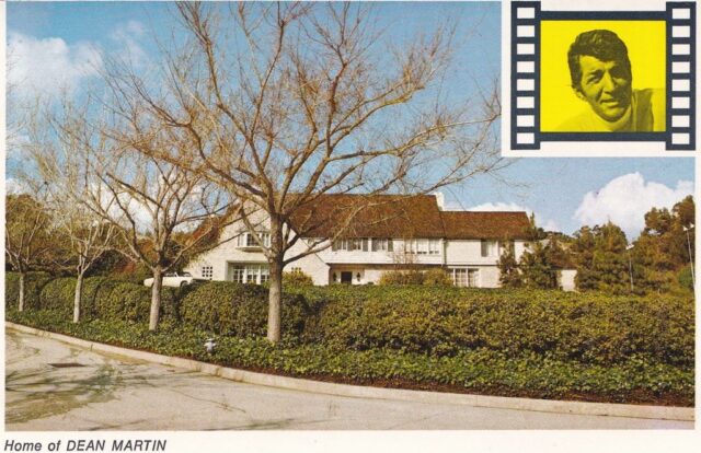 Postcard featuring a photograph of Dean Martin's mansion, with a portrait of him in the top right corner