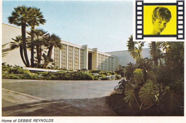 Postcard featuring an illustration of Debbie Reynold's residence, with a portrait of her in the top right corner