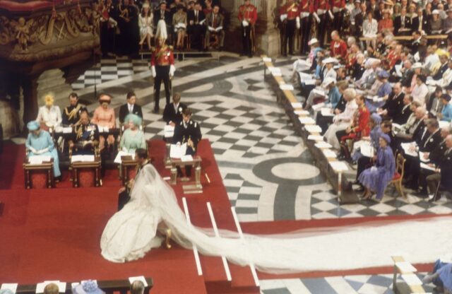 Overhead view of Lady Diana Spencer and Prince Charles sitting at the altar at St. Paul's Cathedral