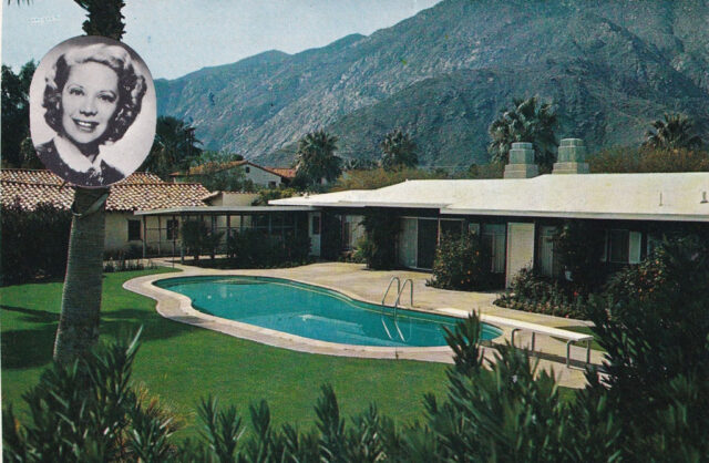 Postcard featuring an illustration of Dinah Shore's house, with a portrait of her in the top left corner