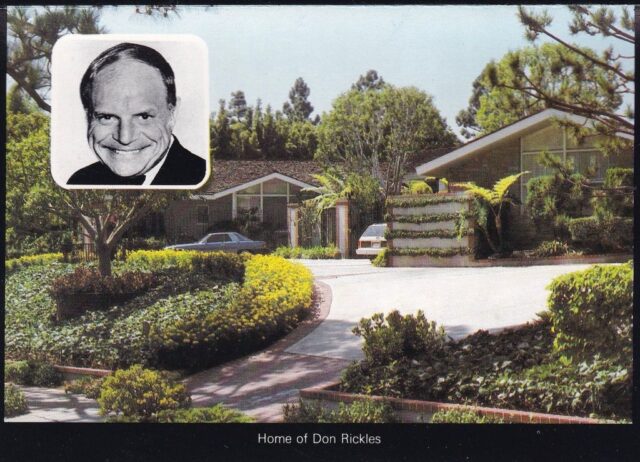 Postcard featuring a photograph of Don Rickles' home, with a portrait of him in the top left corner