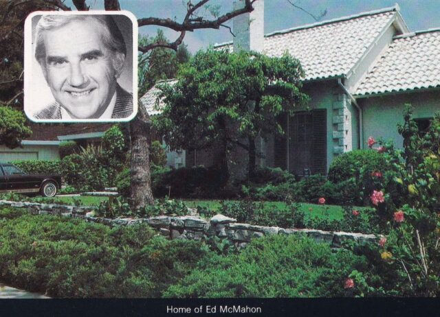 Postcard featuring a photograph of Ed McMahon's house, with a portrait of him in the top left corner