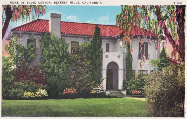 Postcard featuring an illustration of Eddie Cantor's mansion