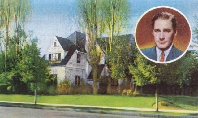 Postcard featuring an illustration of Errol Flynn's mansion, with a portrait of him in the top right corner