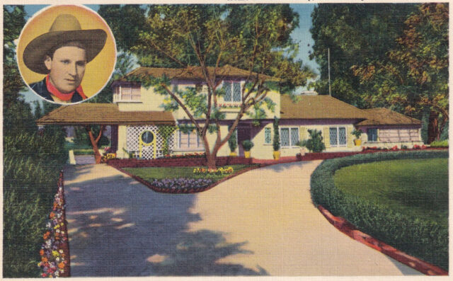 Postcard featuring an illustration of Gene Autry's house, with a portrait of him in the top left corner