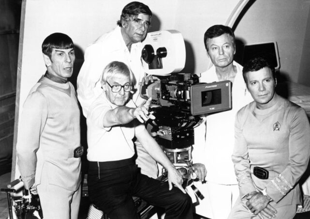 Gene Roddenberry, Leonard Nemoy, DeForest Kelley, Robert Wise and William Shatner on the set of 'Star Trek: The Motion Picture'