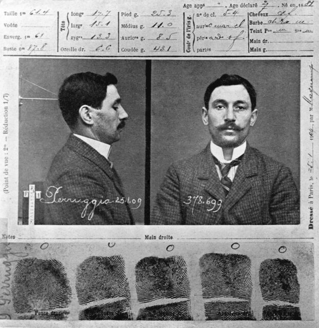 Mug shot and fingerprints of Vincenzo Peruggia.