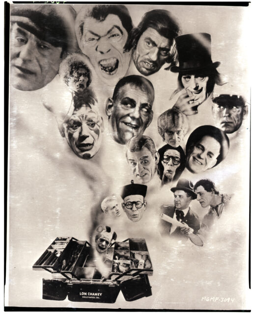 Multiple faces of Lon Chaney in various characters coming out of a suitcase.