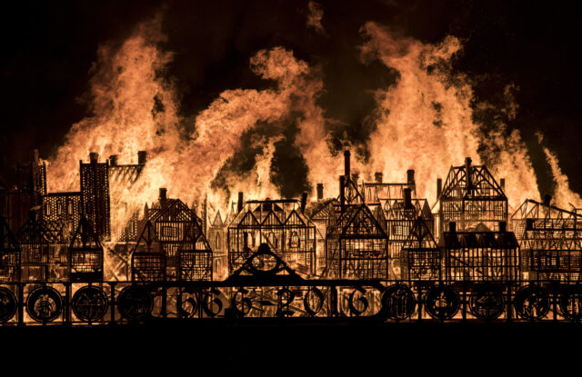 A burning model replica showcasing the Great Fire of London, 1666.