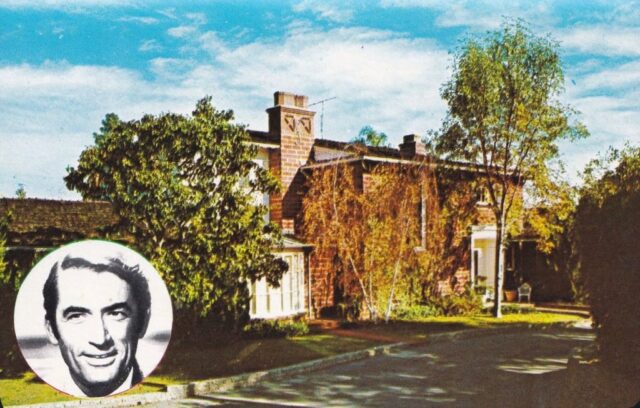 Postcard featuring an illustration of Gregory Peck's house, with a portrait of him in the bottom left corner