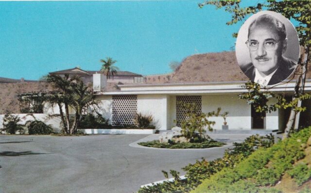 Postcard featuring a photograph of Groucho Marx's house, with a portrait of him in the top right corner