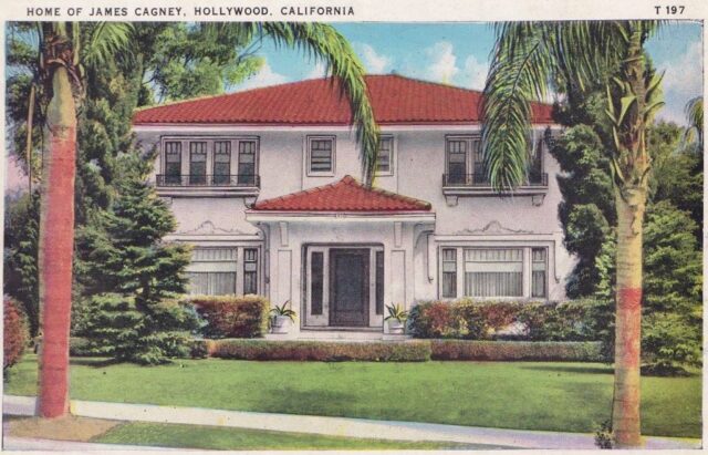 Postcard featuring an illustration of James Cagney's mansion