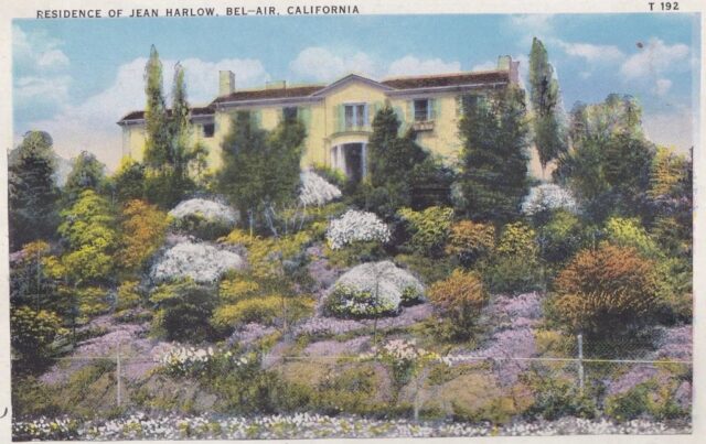 Postcard featuring an illustration of Jean Harlow's mansion