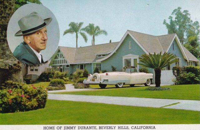 Postcard featuring an illustration of Jimmy Durante's house, with a portrait of him in the top left corner