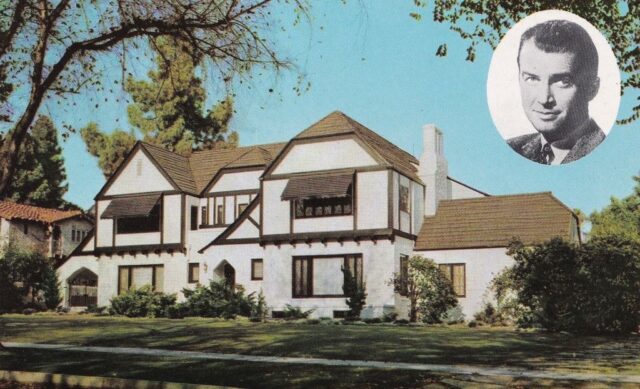 Postcard featuring a photograph of Jimmy Stewart's mansion, with a portrait of him in the top right corner