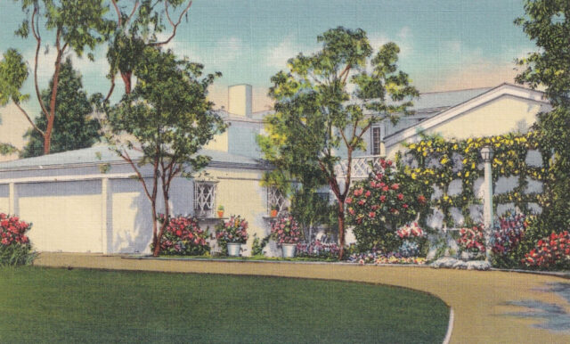 Postcard featuring an illustration of Joan Crawford's ranch house