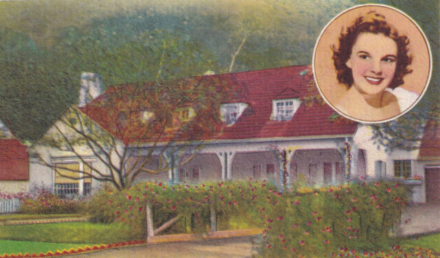 Postcard featuring an illustration of Judy Garland's house, with a portrait of her in the top right corner