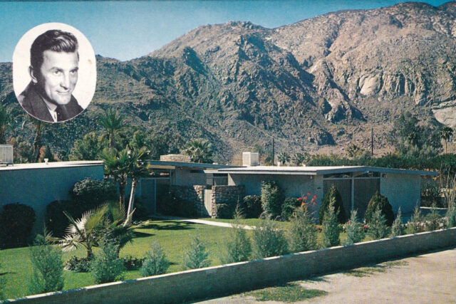 Postcard featuring a photograph of Kirk Douglas' mansion, with a portrait of him in the top left corner