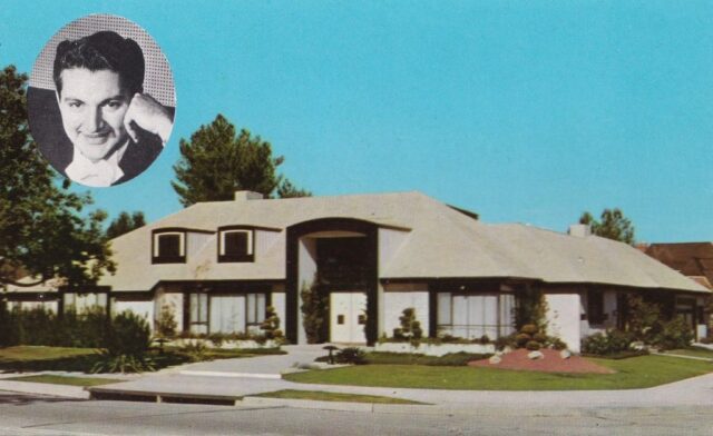 Postcard featuring an photograph of Liberace's house, with a portrait of him in the top left corner