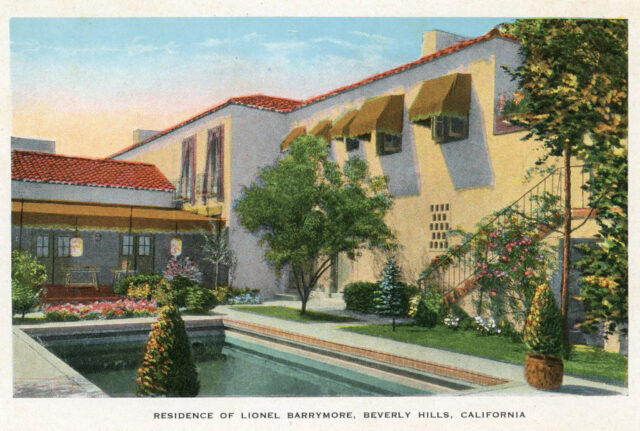 Postcard featuring an illustration of Lionel Barrymore's mansion