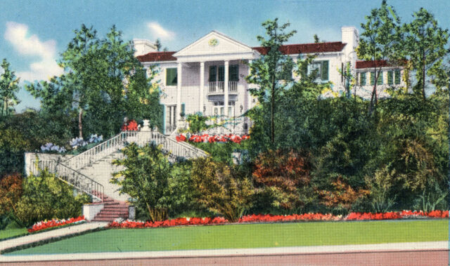 Postcard featuring an illustration of Loretta Young's mansion